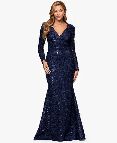 Xscape Petite Long Sleeve V-Neck Lace Dress