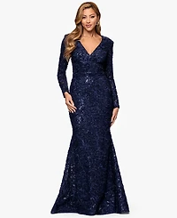 Xscape Petite Long Sleeve V-Neck Lace Dress