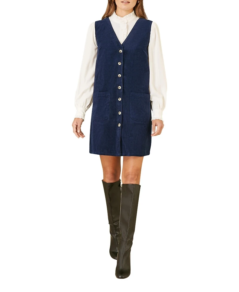 Yumi Women's Cord Button Through Pinafore Dress