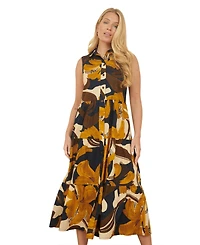 Yumi Women's Cotton Leaf Midi Sleeveless Shirt Dress