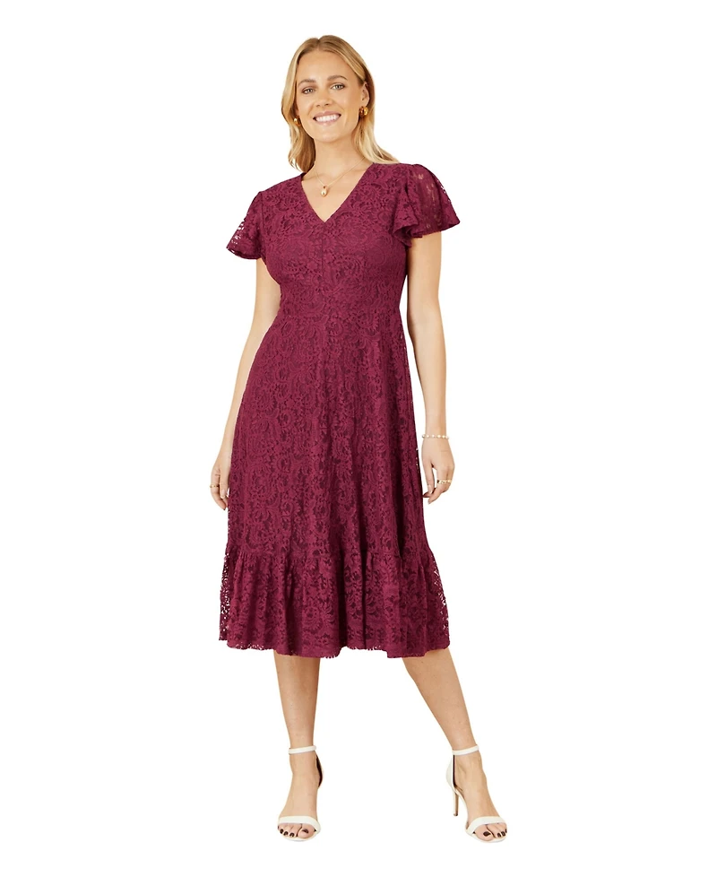Yumi Women's Short Sleeve Lace Midi Skater Dress