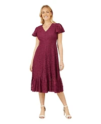 Yumi Women's Short Sleeve Lace Midi Skater Dress