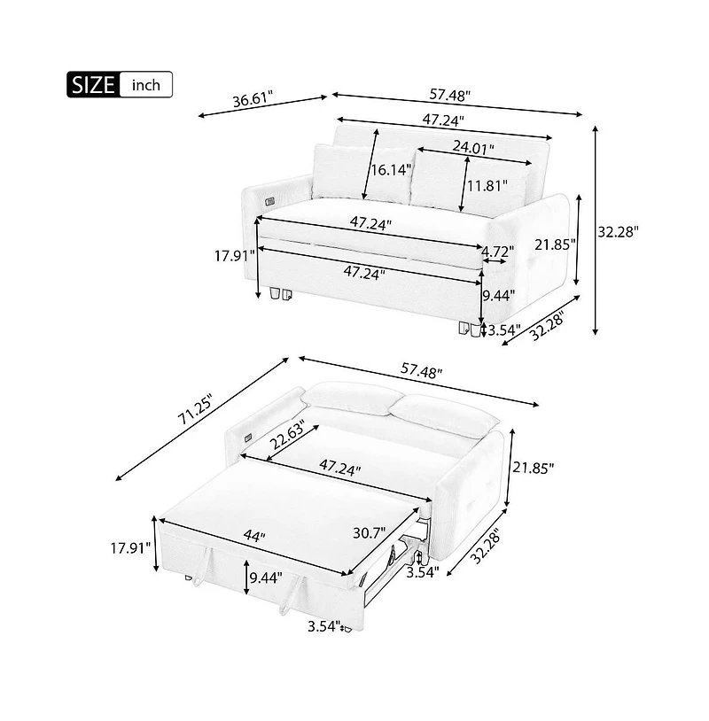 Maison Boucle 57.48" Pull Out Sleeper Loveseat, Convertible Sofa Bed with Usb Ports & Adjustable Backrest for Small Spaces-Maison