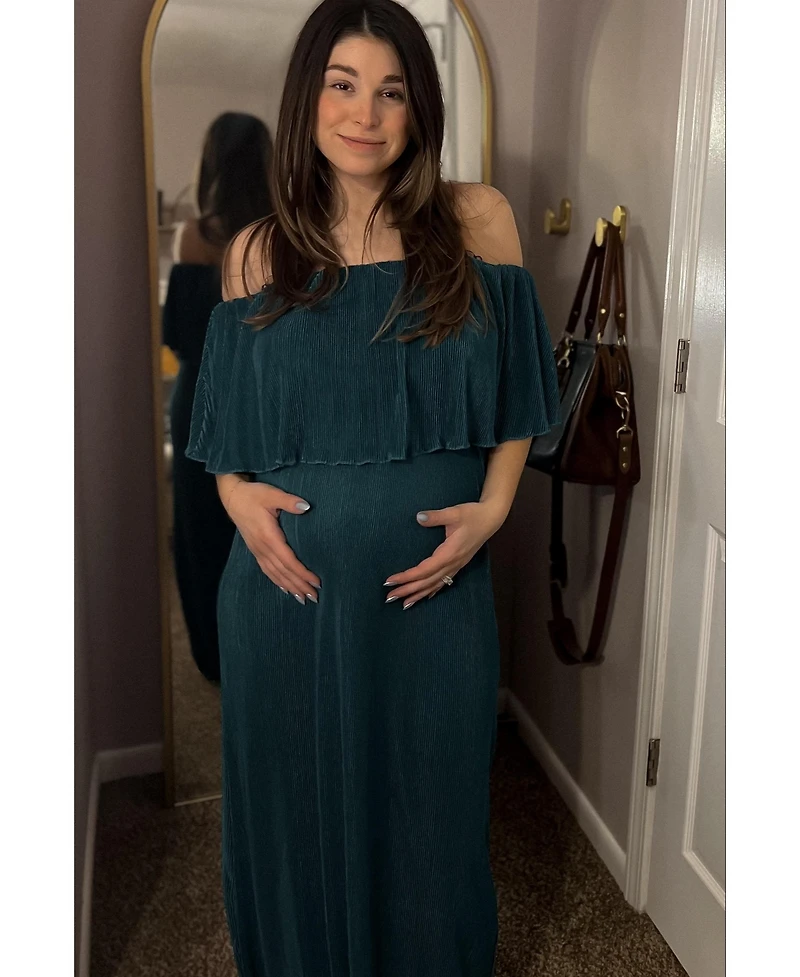 Pinkblush Maternity Forest Green Pleated Ruffle Off Shoulder Maxi Dress