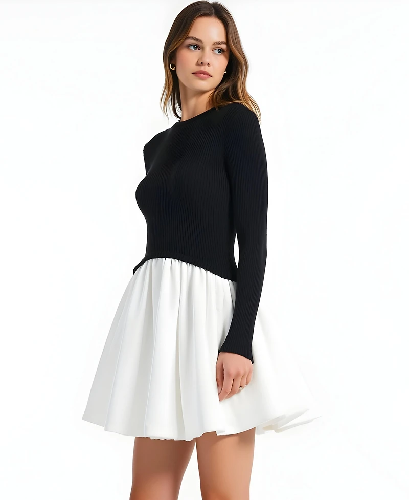 Modenaire Women's Ribbed Long-Sleeve Fit-and-Flare Mini Dress