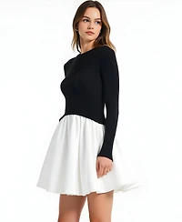 Modenaire Women's Ribbed Long-Sleeve Fit-and-Flare Mini Dress