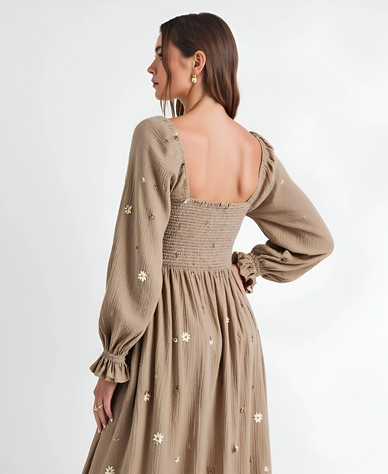 Modenaire Women's Floral-Embroidered Smocked Tiered Maxi Dress