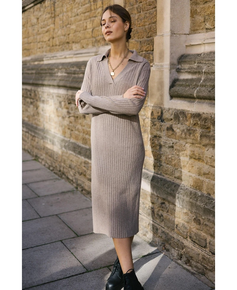 Labeca London Us Women's Naomi Coffee V Neck Cashmere-Blend Midi Dress - M / Gray