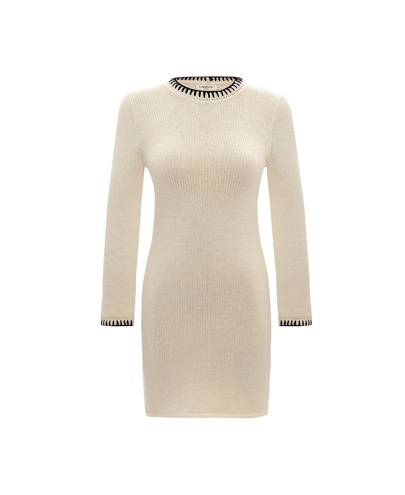Labeca London Us Women's Scarlett Off-White Contrast Stitch Wool Mini Dress - S / White