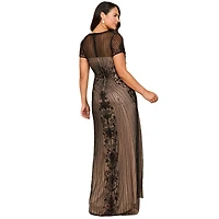 Lara Women's Beaded Cap Sleeve Illusion Plunge Gown
