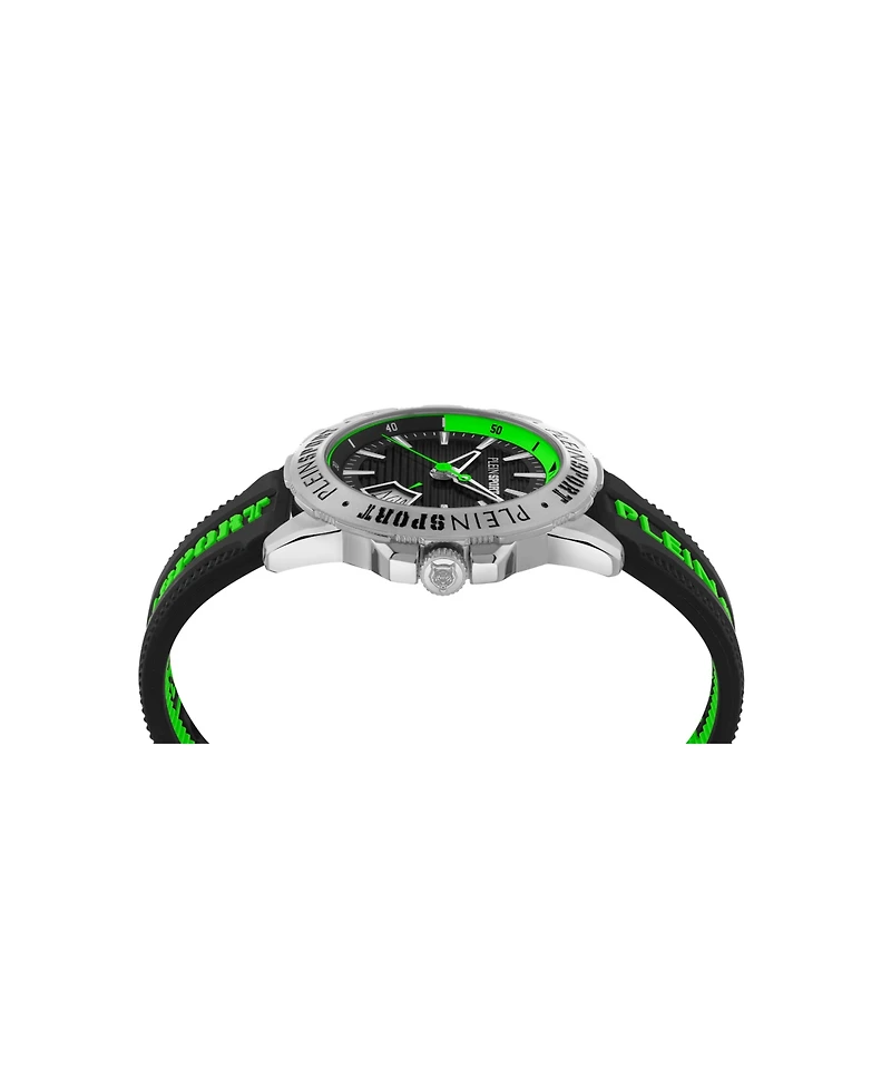 Plein Sport Mens Rampage 3 Hand Date Quartz Black Silicone Strap 44MM