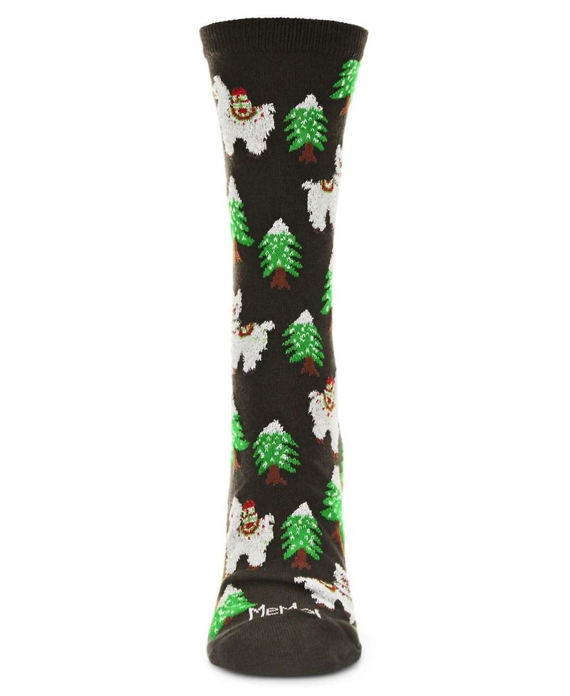 MeMoi Women's Llama Trees Christmas Crew Socks