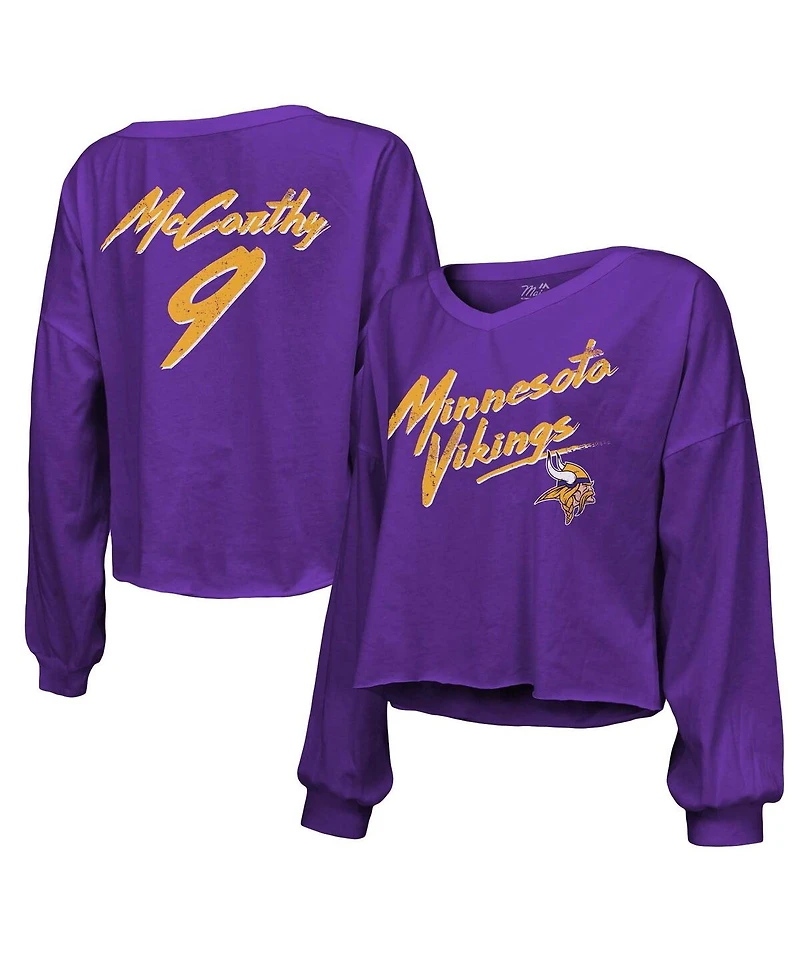 Majestic Women's J.j. McCarthy Purple Minnesota Vikings Name Number Off-Shoulder Script Cropped Long Sleeve V-Neck T-Shirt