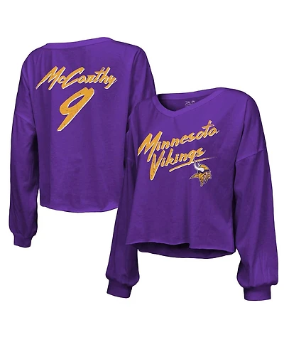 Majestic Women's J.j. McCarthy Purple Minnesota Vikings Name Number Off-Shoulder Script Cropped Long Sleeve V-Neck T-Shirt