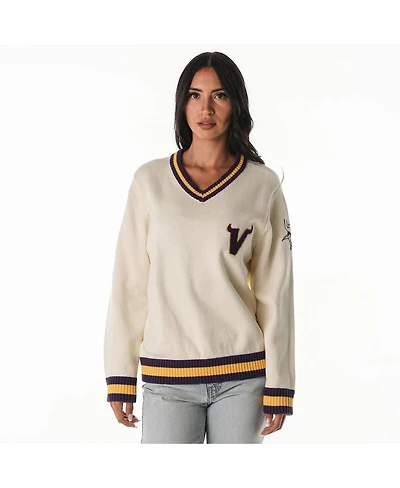 The Wild Collective Women's Cream Minnesota Vikings Jacquard V-Neck Sweater