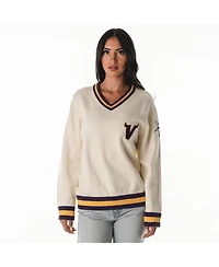 The Wild Collective Women's Cream Minnesota Vikings Jacquard V-Neck Sweater