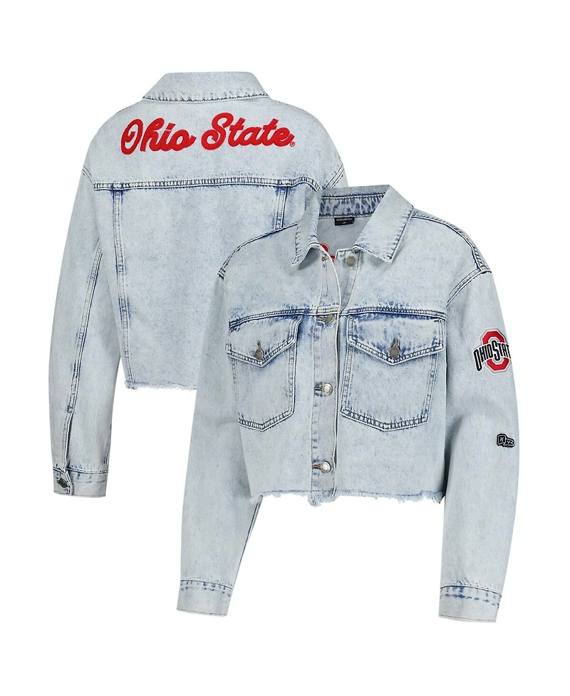 Hype and Vice Women's Denim Ohio State Buckeyes Lightwash Cropped Button-Up Jean Jacket