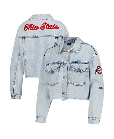 Hype and Vice Women's Denim Ohio State Buckeyes Lightwash Cropped Button-Up Jean Jacket