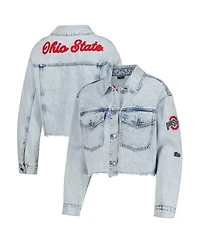 Hype and Vice Women's Denim Ohio State Buckeyes Lightwash Cropped Button-Up Jean Jacket