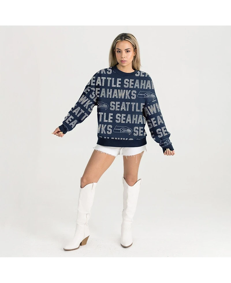 Gameday Couture Women's College Navy Seattle Seahawks Relaxed Drop Shoulder Hype Era Rhinestone Text Sweatshirt
