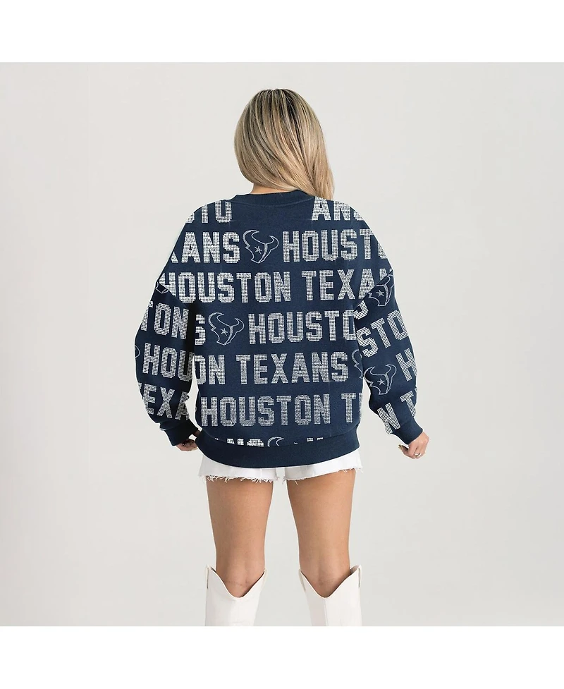 Gameday Couture Women's Navy Houston Texans Relaxed Drop Shoulder Hype Era Rhinestone Text Sweatshirt