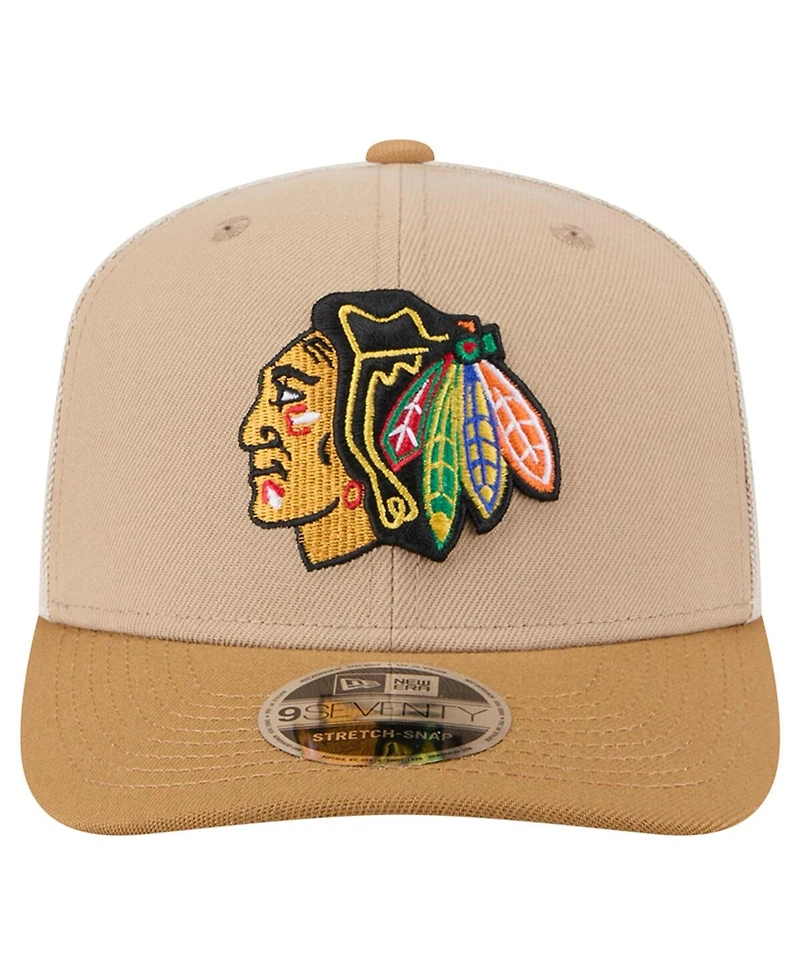 New Era Men's Tan/Light Brown Chicago Blackhawks Two-Tone Trucker 9SEVENTY Stretch Snap Adjustable Hat