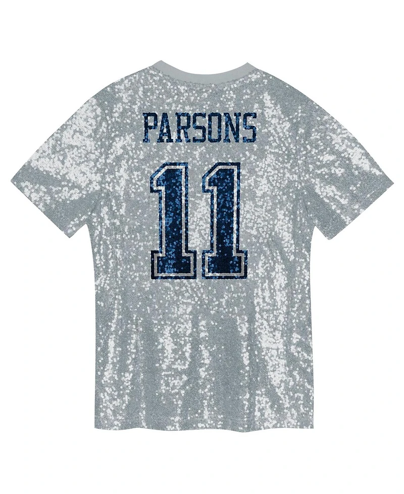 Outerstuff Big Girls Micah Parsons Silver Dallas Cowboys Sequin V-Neck Fashion Jersey