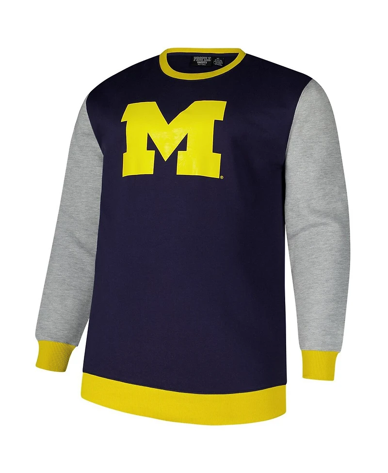 Fanatics Men's Navy Michigan Wolverines Contrast Sleeve Large Chest Big Tall Pullover Sweatshirt