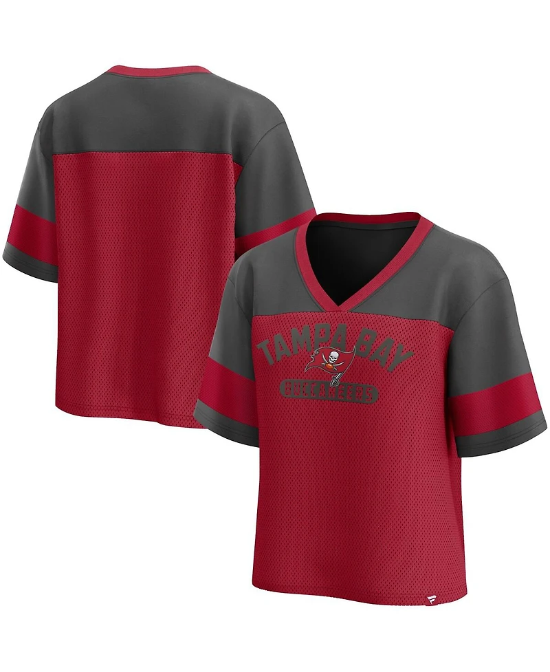 Fanatics Women's Red/Pewter Tampa Bay Buccaneers Home school Jersey Poly V-Neck Fashion Top