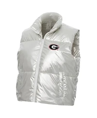 ZooZatz Women's Silver Georgia Bulldogs Metallic Cropped Full-Zip Sleeveless Puffer Vest