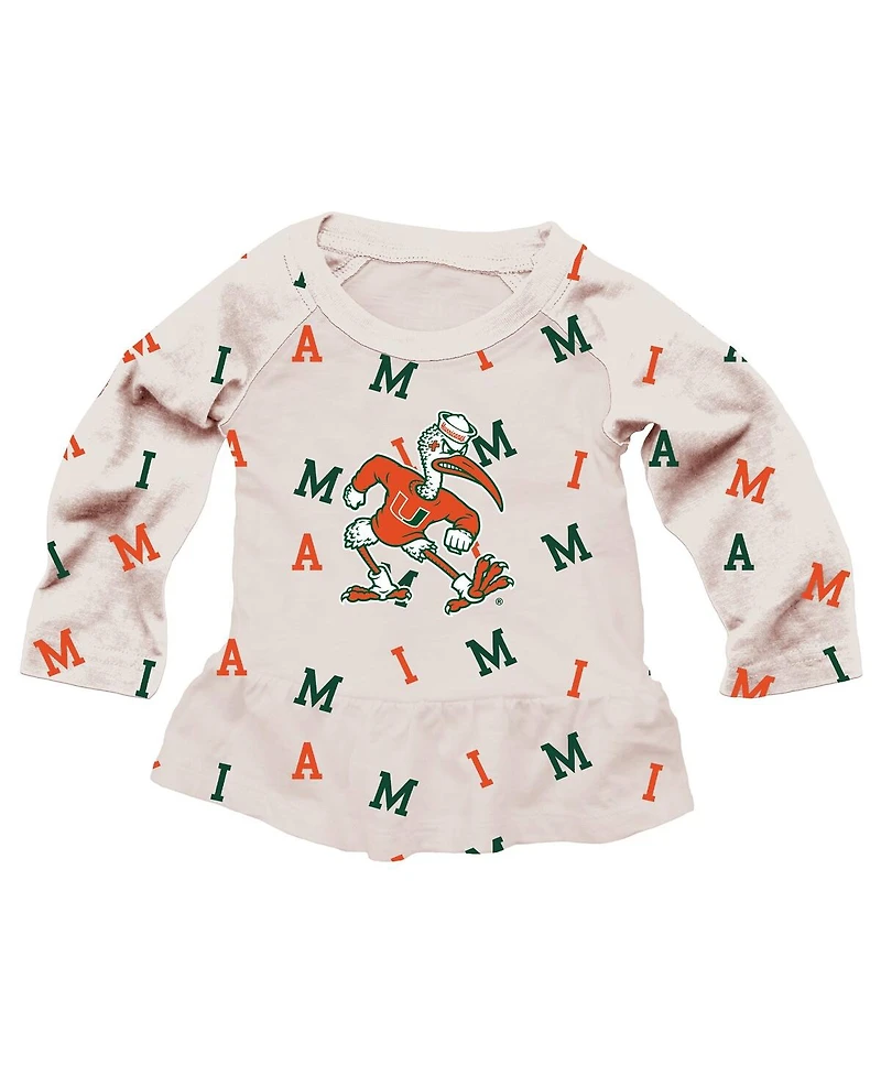 Wes & Willy Girls Toddler 2-Piece Oatmeal Miami Hurricanes Ruffle Raglan Long Sleeve T-Shirt and Leggings Set