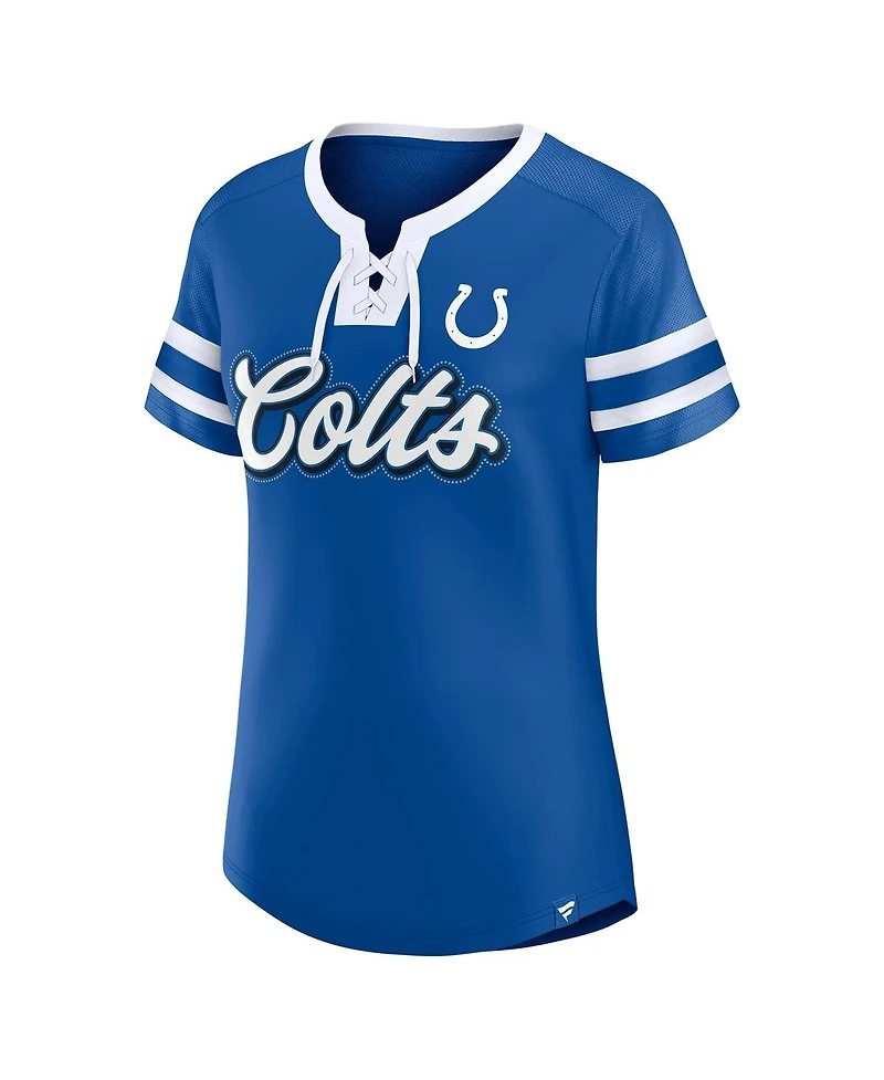 Fanatics Women's Royal Indianapolis Colts True Catch Iconic Rhinestone Bling Athena Lace-Up T-Shirt