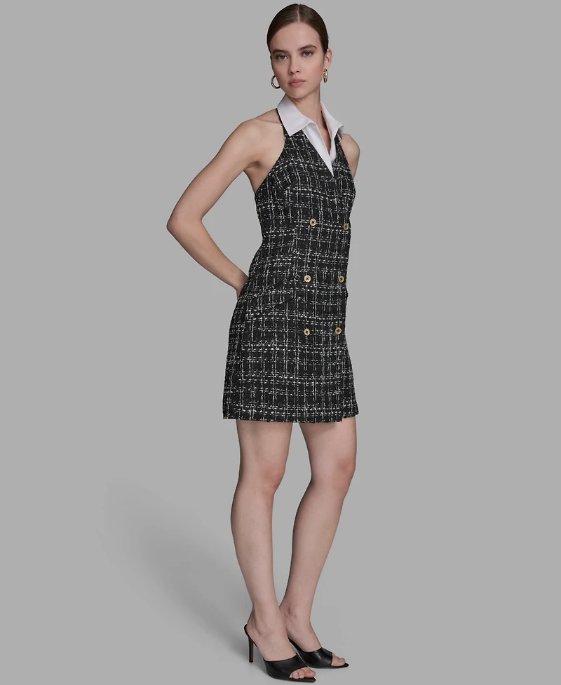 Bcbg Women's Plaid Boucle Twofer Halter Neck Dress