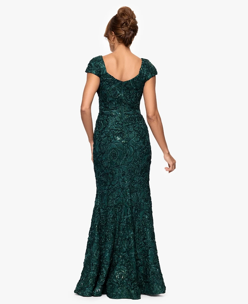 Xscape Petite Long Lace Asymmetrical Neck Dress