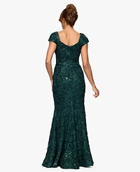 Xscape Petite Long Lace Asymmetrical Neck Dress