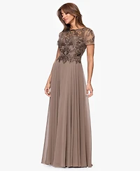 Xscape Petite Long Bead Mesh Crew Neck Dress