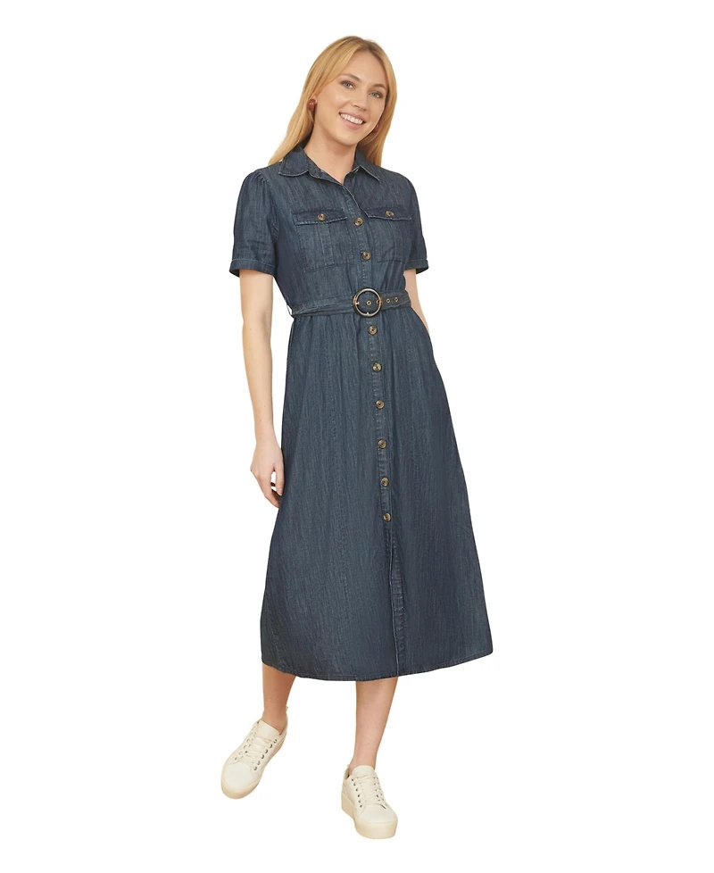 Yumi Women's Chambray Denim Utility Midi Shirt Dress