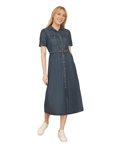Yumi Women's Chambray Denim Utility Midi Shirt Dress
