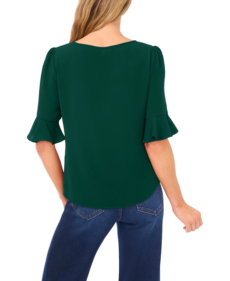 CeCe Women's Split Tie Neck Ruffle Cuff 3/4-Sleeve Top