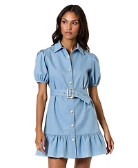 Modenaire Women's 100% Cotton Belted Puff-Sleeve Mini Dress