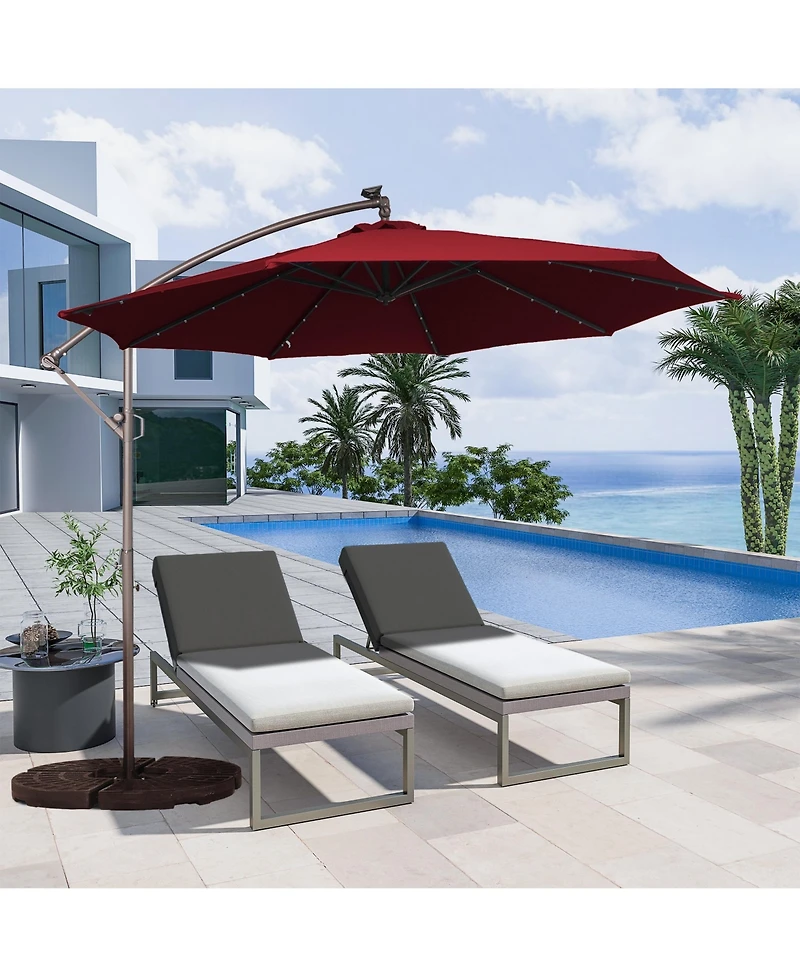 Clihome 11FT Solar Offset Umbrella with 32 Led Lights Cantilever Hanging Outdoor Umbrellas Handy Crank & Cross Base for Deck/Backyard/Pool,Red