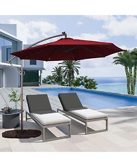 Clihome 11FT Solar Offset Umbrella with 32 Led Lights Cantilever Hanging Outdoor Umbrellas Handy Crank & Cross Base for Deck/Backyard/Pool，Red