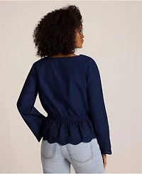 Lands' End Women's Embroidered Poplin Long Sleeve Blouse