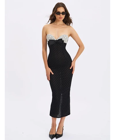 Miss Circle Women's Faith Black and White Polka Dot Sweetheart Maxi Dress