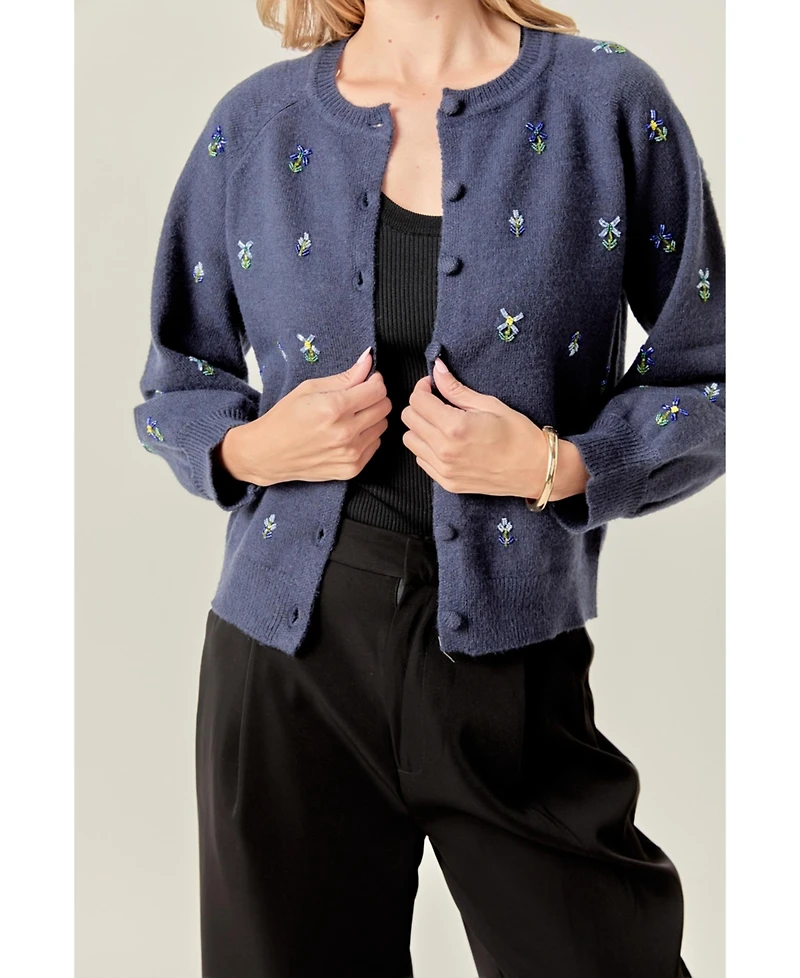 English Factory Women's Beads Floral Round Neck Cardigan