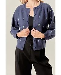 English Factory Women's Beads Floral Round Neck Cardigan