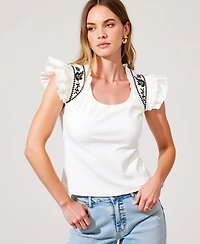 Modenaire Women's Ruffled Cap Sleeve Embroidered Knit Top