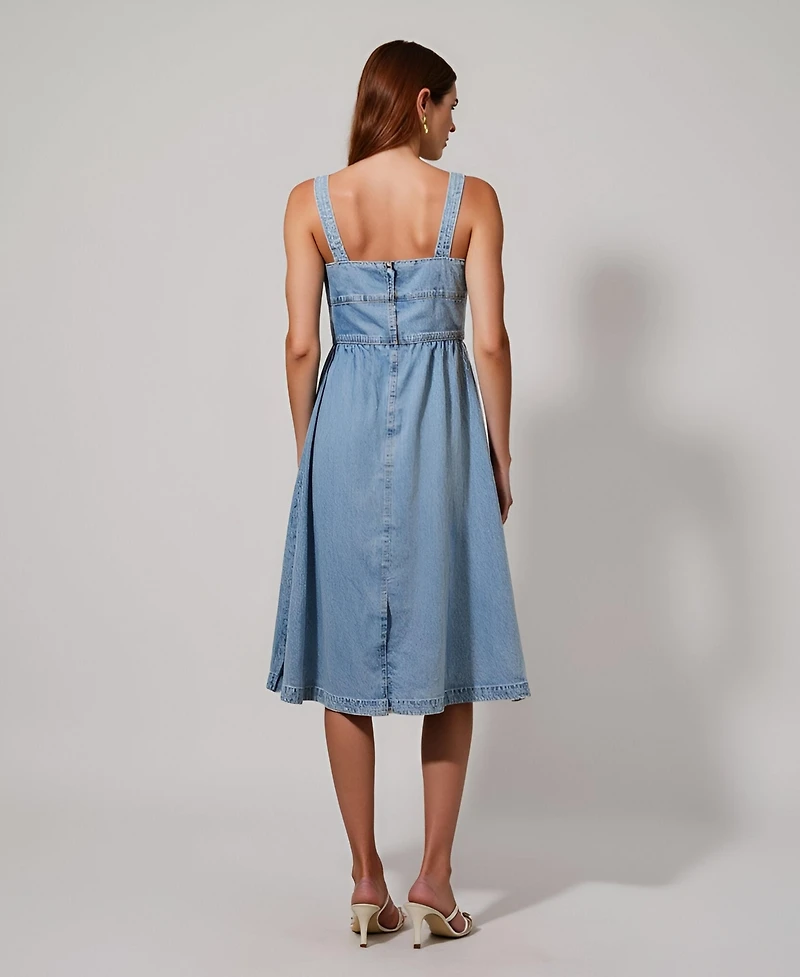 Modenaire Women's Denim Square Neck Midi Dress