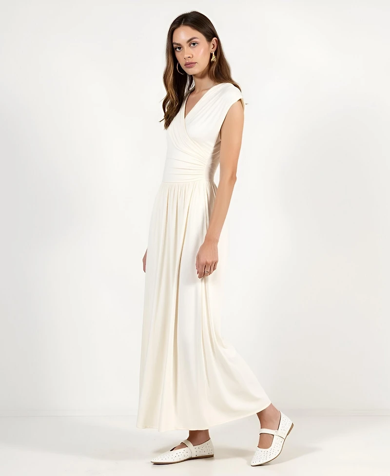 Modenaire Women's Sleeveless Faux Wrap Shirred Waist Maxi Dress