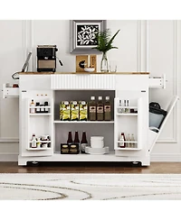 sumyeg Fluted Kitchen Island with Trash Can Cabinet, Power Outlet, 3 Drawers, Open Racks, Fits 10 Gallon Bin, Wheels